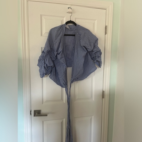 Blue & White Striped Wrap Shirt with Puffy Sleeves - Picture 3 of 3